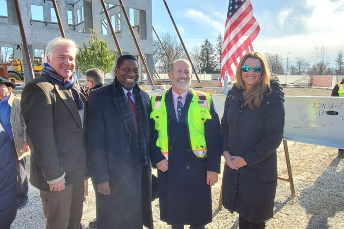 Jason Archer, STL Partnership Vice President Business Development, STL Partnership CEO and President Rodney Crim, Larry Chapman, CEO of Seneca Commercial Real Estate and Michelle Stuckey, STL Partnership Vice President Business Development at the Topping Out Event for Benson Hill on Dec. 10th.