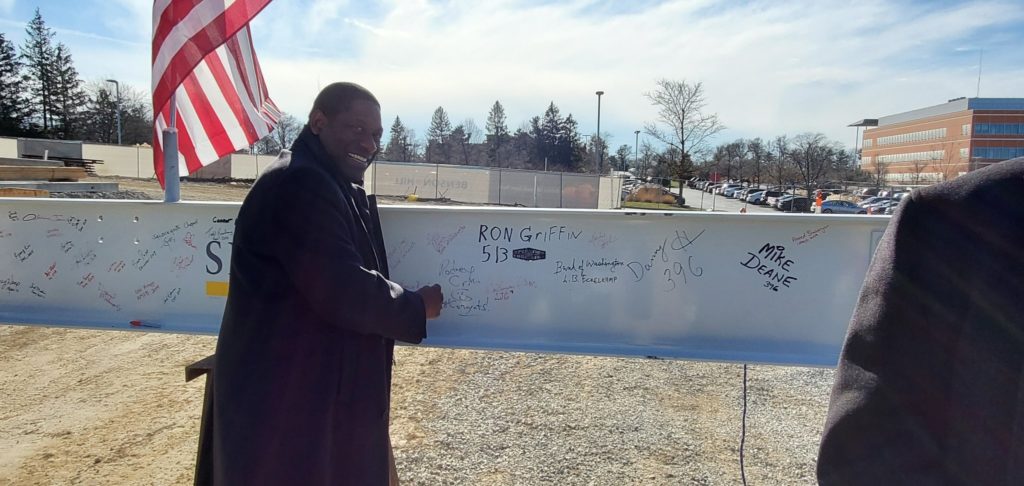 Rodney Crim, STL Partnership President and Interim CEO signing the beam at the Topping Out Event for Benson Hill on Dec. 10th. 